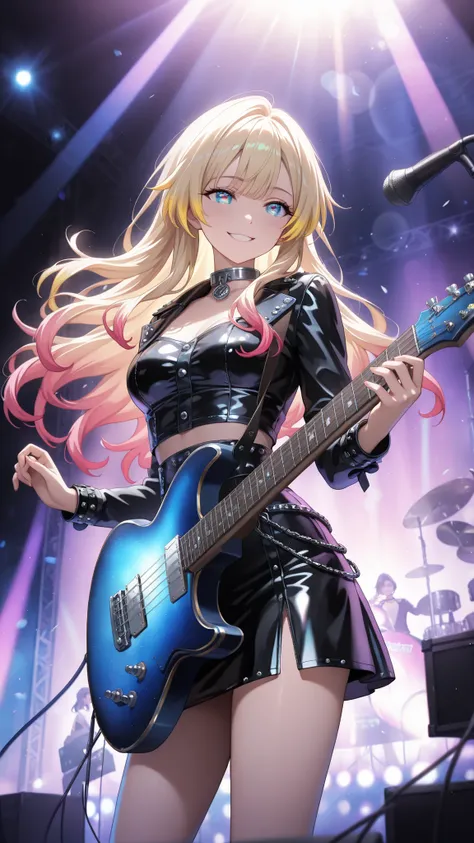 medium breasts , very detailed depiction, perfect quality, High Quality, masterpiece, blonde hair, multicolored hair, long  hair,  blue eyes, smile , handsome woman , fashionista girl , punk woman, (full detailed black leather outfit , metal collar , choke...