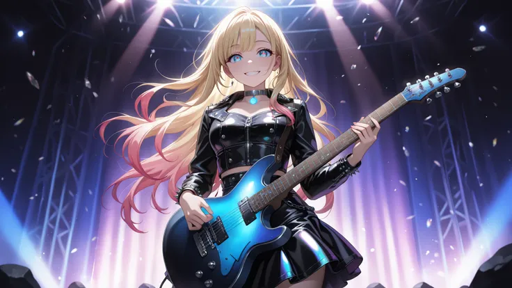 medium breasts , very detailed depiction, perfect quality, High Quality, masterpiece, blonde hair, multicolored hair, long  hair,  blue eyes, smile , handsome woman , fashionista girl , punk woman, (full detailed black leather outfit , metal collar , choke...