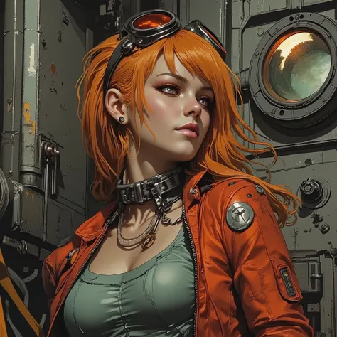 A woman with vibrant orange hair stands against a backdrop of industrial machinery. Her hair is styled with a sense of disarray, adding to a rugged, adventurous look. She wears a bold orange jacket embellished with metallic patches and a grey-green tank-to...