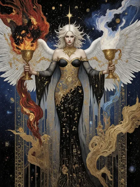  Done with art nouveau art mosaic style. An alluring, luminescent goddess with a slender yet shapely physique, adorned in a diaphanous, intricately embroidered black toga with sacred equations and esoteric symbols woven in shimmering gold and silver thread...