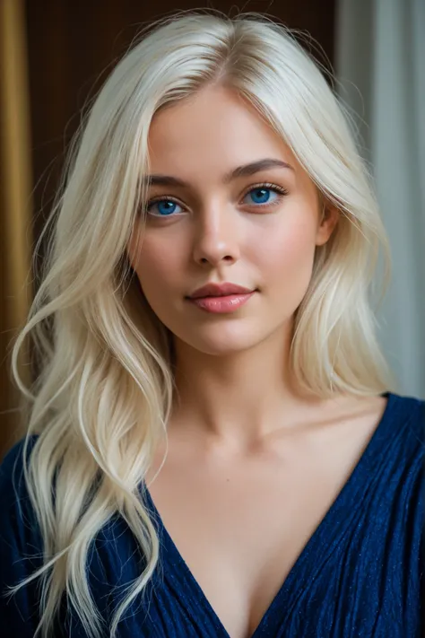 Photo of a realistic portrait of an incredibly beautiful girl, ultra-textured skin, white hair, blonde, face looking straight at the camera, full face, natural blue eyes, in the style of Panasonic Lumix s Pro 50mm f/1.4, light beige and dark blue, Soft Rea...