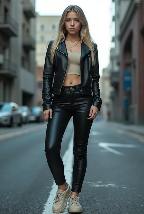 full body Realism , 16-year-old girl , long blond hair , bangs falling on her face , blue eyes , slightly open mouth , red lips , beautiful hairstyle , light makeup , round breasts , in a leather jacket , tight leather pants , beautiful shoes on her feet ,...