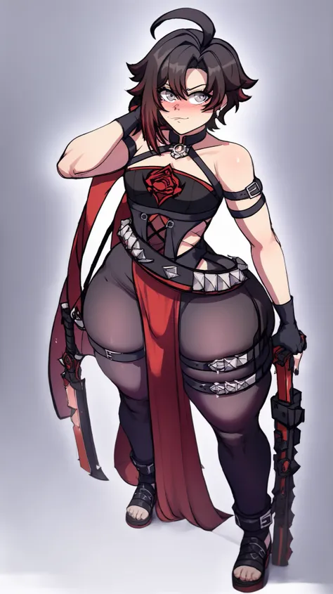 Masterpiece, Simple background, High Resolution, Accurate, Anatomically Correct, Best Quality, High Details, HD, High Quality, Stable, perfect face, blackwhiplash style,1 beautiful femboy ruby rose, grey eyes, flush expression, holding mechanical sheathed ...