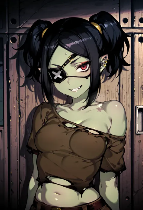 Source_anime, cute female, fishine style, 1girl, solo orc_girl BREAK
Black hair, long sidelocks, short twintails, parted bangs, small breasts, black_eyepatch_on_left_eye, red_left_eye, (colored skin, green skin), pointy ears, ear piercing, gold piercing,...