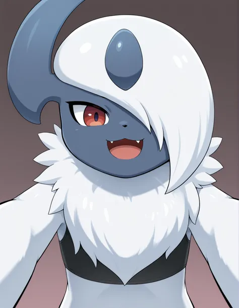 smile, open mouth, close-up, flat chest, shirt, crop top, solo, looking at viewer,  absol, hair over one eye, fang,, no humans,