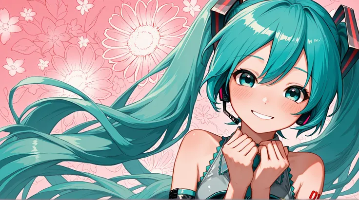 Hatsune Miku,Hatsune Miku,High Precision Selection, long hair at Boro-Yado, And look , blush, Smiling Yang , Highest Quality, headphones, flower background