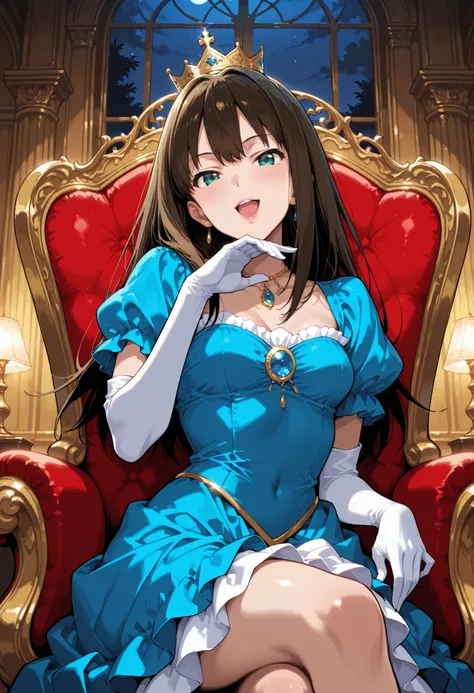 Score_9, score_8_up, score_7_up, source_anime, shibuya rin, long hair, brown hair, green eyes, (best quality), (high quality), {masterpiece}, extremely delicate and beautiful, ultra-detailed, beautiful detailed eyes, princess, blue dress, puffy sleeves, sh...