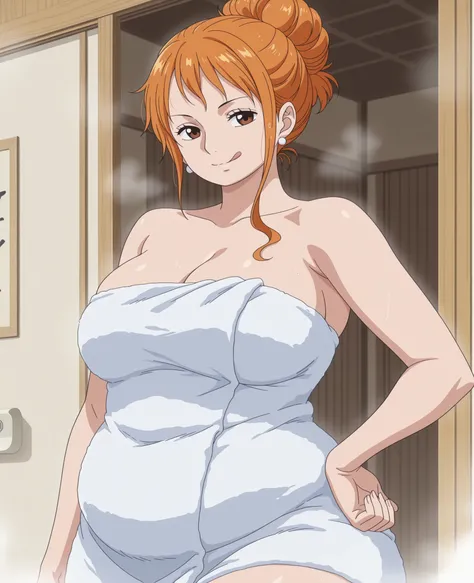obese,fat,plump,chubby,WeightObese,1girl,solo,mm,mature female,orange hair,brown eyes,earrings,large breasts,anime coloring,
hair bun,naked towel, cleavage, steaming body, after bathing, hand on own hip, looking at looking at viewer, seductive smile, licki...