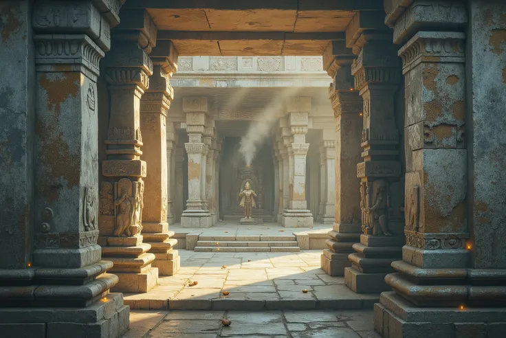 “An ultra-realistic, highly detailed cinematic artwork of an ancient Indian temple interior, depicted in full depth and mystery. The entire atmosphere is immersed in darkness, with only minimal, sacred light sources revealing its divine architecture.

The ...