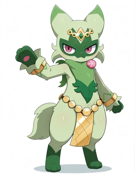 (masterpiece, best quality, very aesthetic, absurdres, shaded, white background),  pokemon (creature), floragato, anthro, furry, dancer outfit, gold jewelry,  gold diadem, gold coin belt