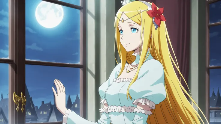 1girl,solo,renner theiere chardelon ryle vaiself, long hair, blue eyes, blonde hair, hair ornament, very long hair, flower, hair flower, mature female, small breasts, anime screencap,long sleeves, dress, jewelry, puffy sleeves, necklace, blue dress, crown,...