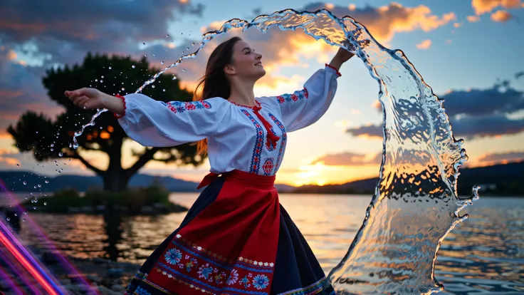 masterpiece, 8k, ultra-detailed, cinematic lighting, realistic, An adult, eye-catching beautiful Slovak folk girl in a dynamic dance pose with skirt flare and dramatic motion, traditional blouse with folk motifs updated with modern styling, a stylized flowing ribbon of water swirling around a distant sycamore/javor silhouette and circling the dancer, vivid teal and magenta beams cutting through warm dusk light, motion streaks and pulsing glow to suggest EDM drop energy; high-impact, eye-catching composition optimized for thumbnails.