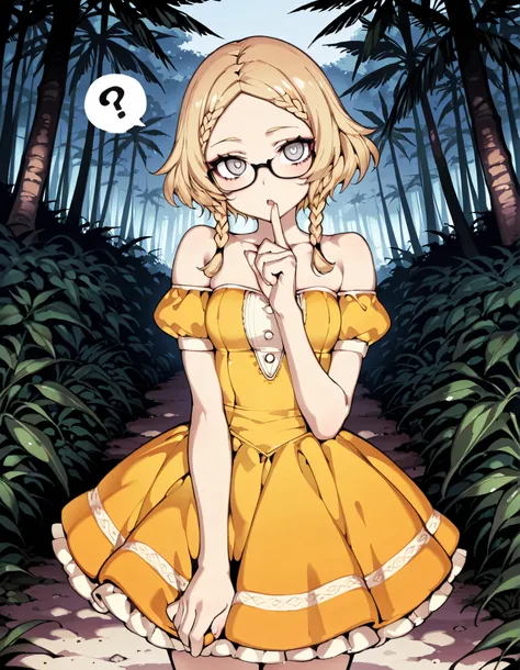 Source_anime, cute female, fishine style, 1girl, solo, megane girl BREAK
Blonde hair, short hair, twinbraids, himecut, white eyes, small breasts BREAK
Puffy dress, yellow dress, short sleeves, puffy sleeves, off-shoulder, black-framed_glasses, off-shou...