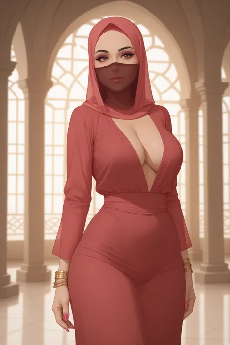 score_9, score_8_up, score_7_up, anime style, 1girl, arabic, warm brown eyes, confident, natural breasts, saggy, big rounded ass, curvy figure, thin waist, wide hips, wear hijab, face veil, red knitted shirt (open cleavage), black knee skirt, sheer stockin...
