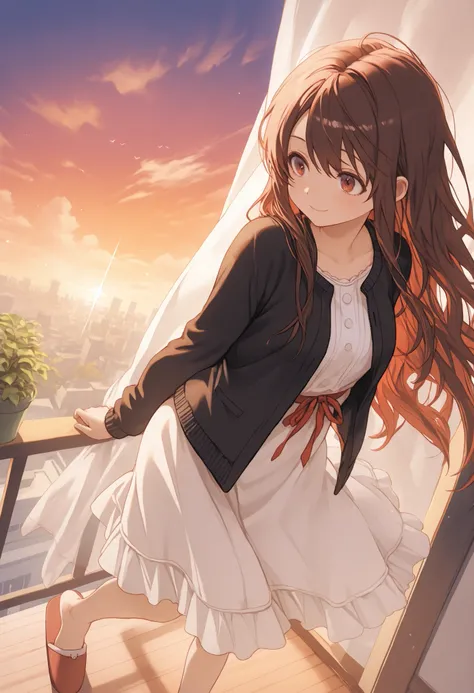 Highest Quality, super high resolution, Masterpiece, Girl Watching the Sunset, pensive expression, gentle smile, orange sunset sky, Clouds dyed crimson,The Setting Sun, Golden Rays, Twilight Gradation, Long flowing hair, on the roof of a school building,ge...