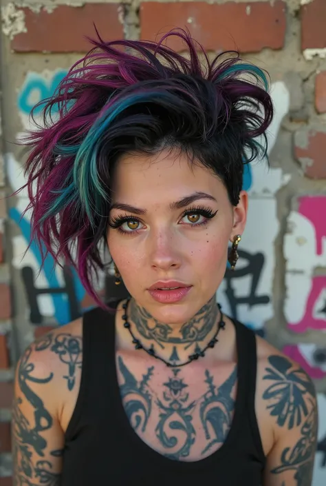 A punk style portrait of a woman with wild, spiked multi-colored hair against a grunge brick wall. The graffiti on the wall merges with her vibrant tattoo art, blurring the line between her and the environment. Shot with Canon EOS R5, 50mm f/1.2 lens, inte...