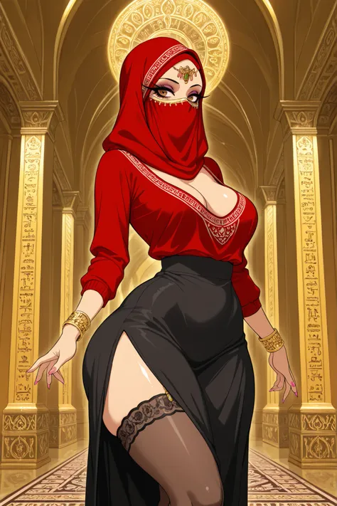 score_9, score_8_up, score_7_up, anime style, 1girl, arabic, warm brown eyes, confident, natural breasts, saggy, big rounded ass, curvy figure, thin waist, wide hips, wear hijab, face veil, red knitted shirt (open cleavage), black knee skirt, sheer stockin...