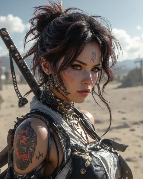 Best Image Quality,Delicate Special Effects,HD rendering,Messy hairstyle, facial scars ,Boutique Masterpiece,perfect quality,Ultra High Resolution,Female Samurai,Warrior Ambience,TATTOO DECORATION,Desert Scene,Dynamic Pose,Samurai Knife