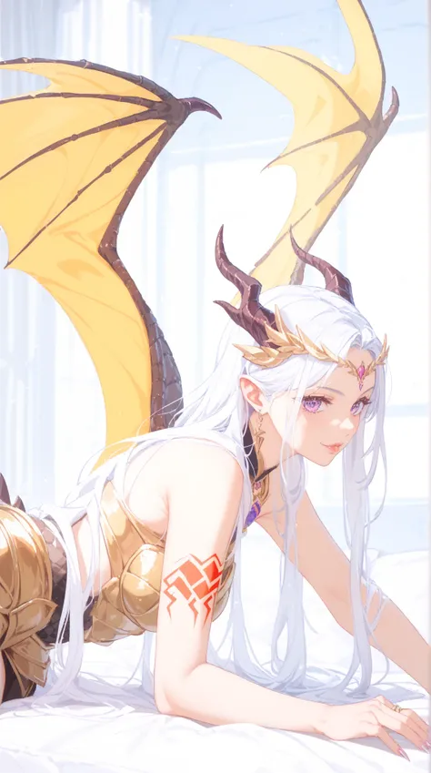 Evil Dragon Incarnation、pure white long hair、Fuchsia Eyes、Lightning Tattoos Crawling Over the Body、Decorative Black and Gold Armor、Dragon Wings on Your Back、Scaly Tail、Long Nails、Noble Atmosphere、Room of Thrones Swirling Magical Power