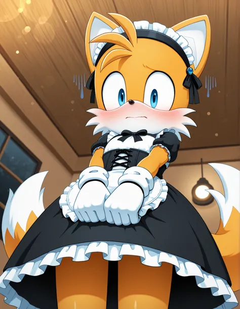 masterpiece, best quality, absurdres, bokeh, solo, male, 1boy, Cafe, Japan, sonic, Tails the Fox, yellow fur, blue eyes, two tails, white gloves, black maid outfit, frilly dress, hairpiece, corset, gloom, looking at viewer, from below, dread, embarrassed, 