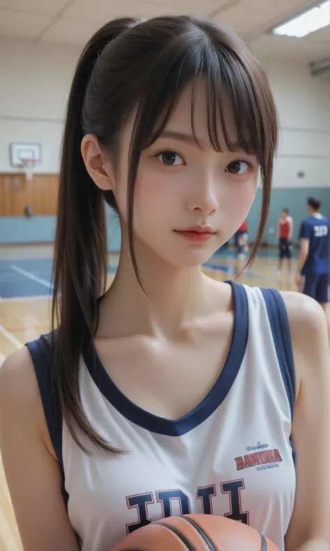 Japanese women in technical writing,黒い髪,ponytail,basketball uniform,gymnasium,Cute Smiles,Highest Quality,masterpiece,Anatomically correct body,high resolution、bust up shot