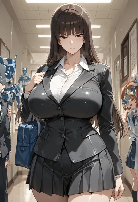 big breasts,Giant Bob,Nishizumi Shiho,long hair, Masterpiece, Great Quality , Young Woman, student, school uniform, End tip , stand, ,,,( 