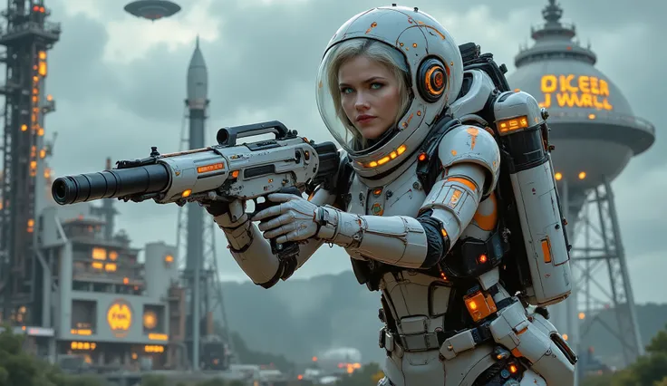 _**Assunto principal:** Very pretty full-bodied Scandinavian woman, 22 anos, (((corpo inteiro:1.8))).  Aparência: Cabelos brancos, bright blue eyes, with bioluminescent tattoos on her arms and hands in blue. _**Traje:** The woman wears a futuristic white s...