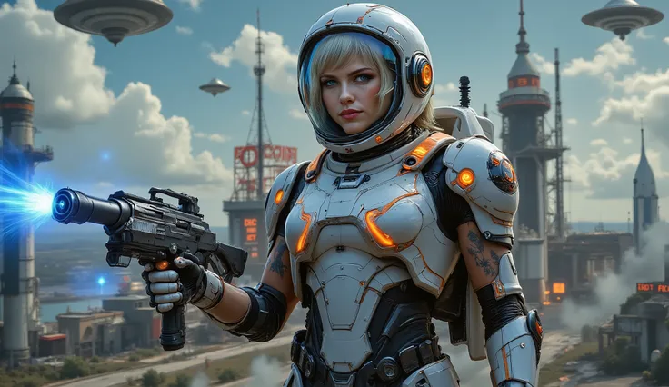 _**Assunto principal:** Very pretty full-bodied Scandinavian woman, 22 anos, (((corpo inteiro:1.8))).  Aparência: Cabelos brancos, bright blue eyes, with bioluminescent tattoos on her arms and hands in blue. _**Traje:** The woman wears a futuristic white s...