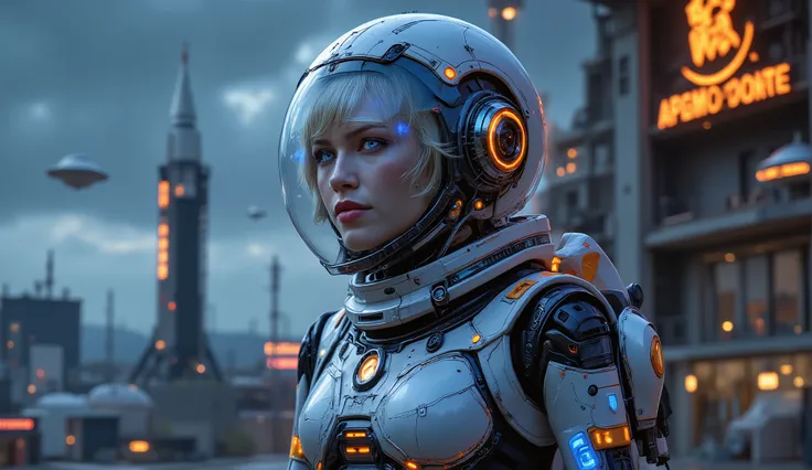 _**Assunto principal:** Very pretty full-body Scandinavian woman, 22 anos, (((corpo inteiro:1,8))).  Aparência: Cabelo branco, bright blue eyes, with bioluminescent tattoos on her arms and hands in blue.
 _**Traje:** The woman wears a futuristic white serv...