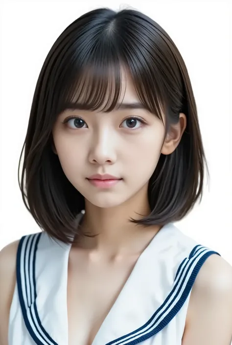 (masterpiece, best quality:1.2), One Japanese girl, solo, 18 years old, ((A very cute face like a popular idol)), Beautiful model、 smaller breasts, black hair, Slightly longer bob hair, (Sailor school uniform) 、In a school classroom、 upper body,