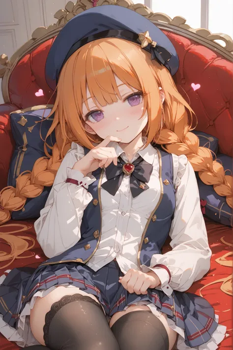 yuni (princess connect!), petite build,small breasts,black tights,Navy blue beret, orange hair, twin braids, purple eyes, st. theresa's girls academy school uniform, Luxurious sofas,Lie down on the sofa,sensitive pose,listless expression,Heart Effects,love...