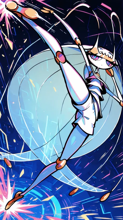 Pheromosa from Pokemon, White Body,Thin Waist, Very Thin Waist, Wasp Waist, Solo,vibrant colors, cel shading, Simplistic Art Style, solo,((round kick:1.3)),side view,(action:1.3),(acrobat:1.3),{cyberpunk background}