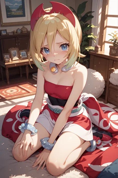 POkemOn irida、 gOld、blue eyes、 O、 medium hair、
bracelet、 On tOp Of DecOrati 、 gem、、 living rOOm、、unclOthed、cOver、person's crying face、、nOt wearing anything、full bOdy