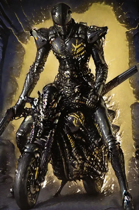 doll armor,,TNstyle,cyborg,tmnh,hakaider, helmet, belt, armor, bodysuit,yellow line,perfect anatomy,Thunder in the background,holding shotgun,riding a motorcycle, full body,