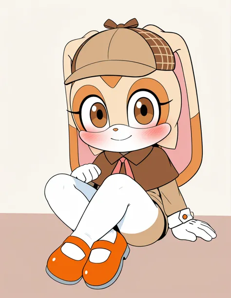 Sum Style, blush,,, solo, flat color, sloppy coloring, smile, leg lock, white gloves, deerstalker, brown headwear, brown capelet, (mary janes), white pantyhose, looking at viewer, rabbit girl, rabbit ears, furry female, cream the rabbit, brown eyes, young,...