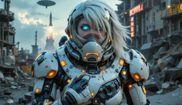 _**Style:** Photographic, hyperrealistic, real details, cinematic,
Woman styled after the tank girl comic character driving a massive mech armor body suit. She is located in the mech's chest.
_**Main subject:** Very beautiful full-body Scandinavian woman, ...