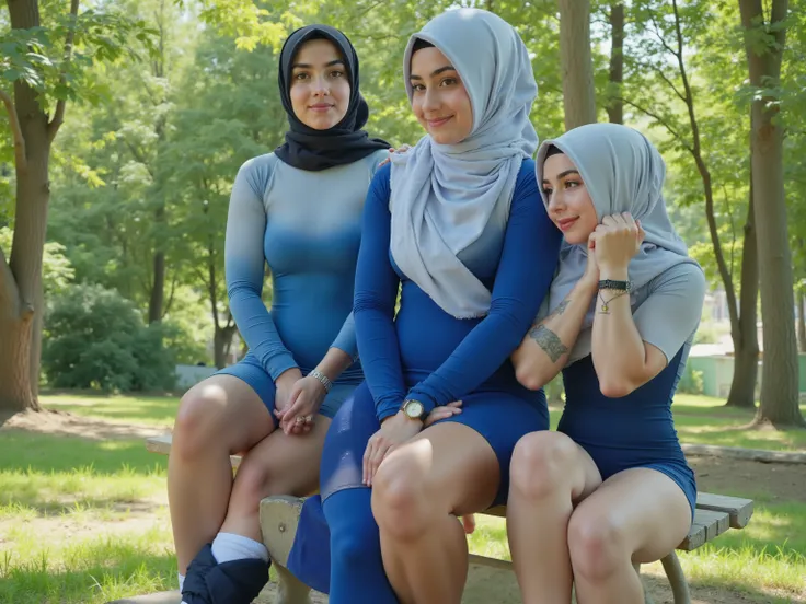 (( 3 very little young hijab girls ))), 3 very young very small hijab girls, Sixpack, massive musculare Beine, Hidschab ,She wears triathlon clothing bodysuit one-piece shorts with length to knee-tight worn nylon carbon gradient light blue masterful black ...
