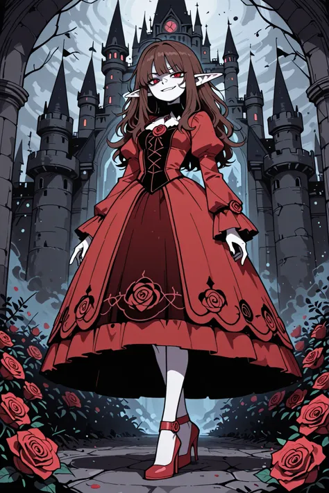 masterpiece , best quality , amazing quality , very aesthetic, woman, white skin, pale skin, tall, rounded elf ear, red eyes, drooping eyes, cold look, white pupil, long messy hair, brown hair, bangs, sharp canines, smirk, red gothic dress, heels, backgrou...