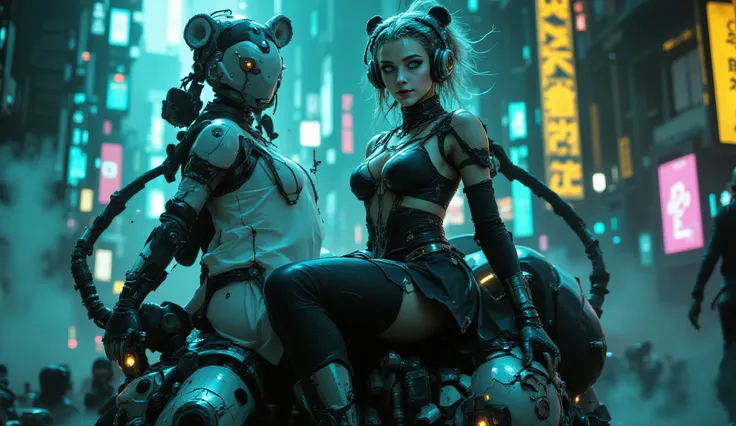 A athlete british girl in an eccentric dress and headdress is riding on the back of giant ccyborg panda robot, , , hyper-realistic sci-fi , polrosepunk, colorful costumes, machine age aesthetics, cyan and teal, acidwave, vaporwave, cyberpunk, volumetric li...