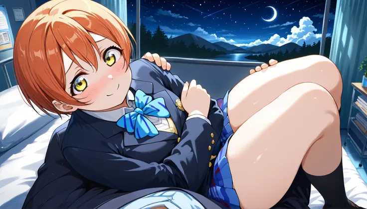 1girl, hoshizora rin, striped, short hair, blush, otonokizaka school uniform, lovelive_rin black blazer, blue plaid skirt, blue stripe bowtie, orange hair, very short hair, hair between eyes, yellow green eyes,smile,thick thighs,knee up,crescent moon, star...