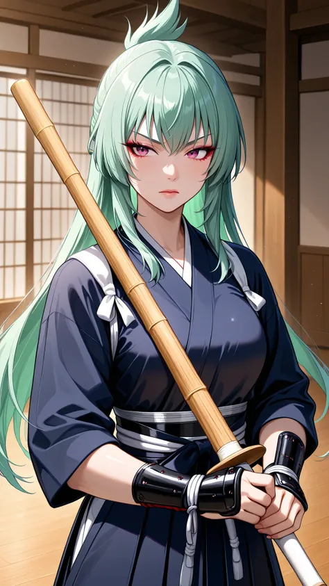 solo, kanzaki_saya,  long hair, green hair, mature woman, Tight waist、Small waist、shiny Skin ,  (upper body), wearing traditional kendo armor (men, do, tare, kote) and a navy blue kendo uniform (keikogi and hakama). She holds a shinai (bamboo sword) with a...