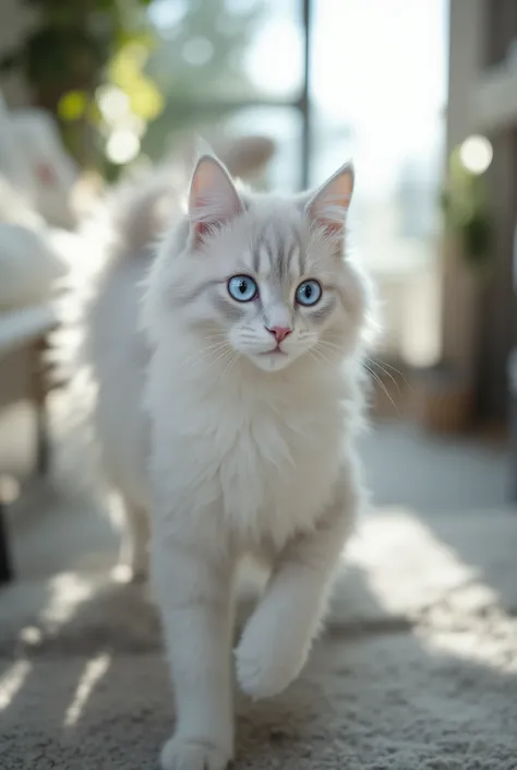 highdefinition images , 8k、1cat, realistic ragdoll cat, adult cat female, silver shimmering fur, silky fluffy coat, lavender-tinted blue eyes, mysterious and enchanting gaze, elegant yet playful expression, delicate and slender body, soft fluffy tail, curi...