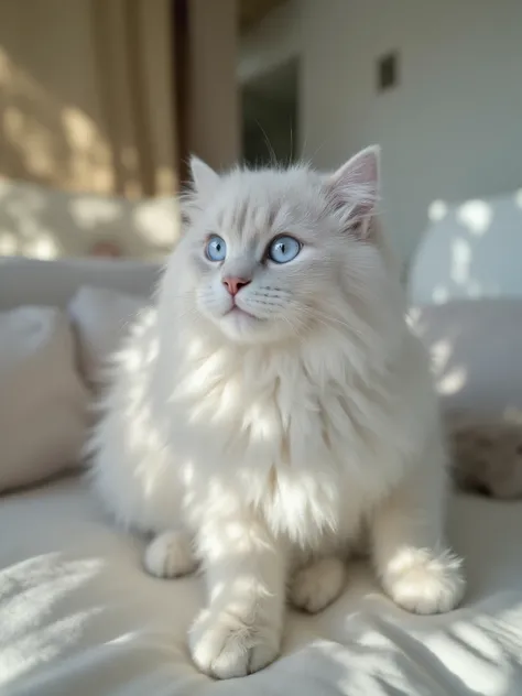highdefinition images , 8k、1cat, realistic ragdoll cat, adult cat female, silver shimmering fur, silky fluffy coat, lavender-tinted blue eyes, mysterious and enchanting gaze, elegant yet playful expression, delicate and slender body, soft fluffy tail, curi...