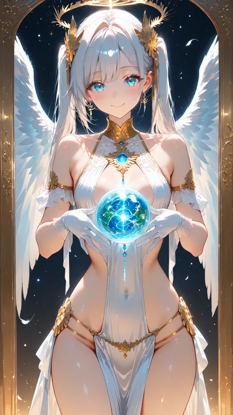 masterpiece,high resolution,1 girl, Archangel,twintails,Clothes with gold accents added to white cloth,The wings are shimmering,with each feather reflecting light like glass,white gloves,blush,Smile Yan,straight hair,hair intake,White light colored hair,bl...