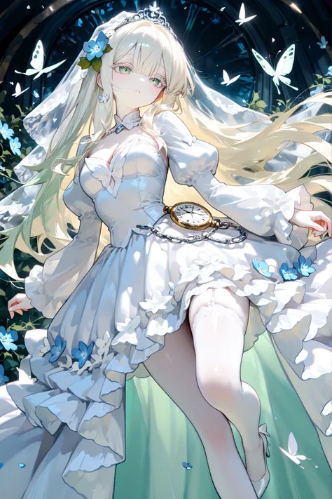 super detail, masterpiece, best quality, high resolution, 8k, ultra high anatomy, facial, only 1 girl, long blonde hair, mint-green eyes, white diamond shaped pupil, Pale skin with matching pale blonde eyelashes, white Frilly sleeves wedding dress, with s...