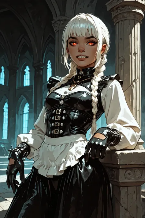 Drawn like the artist Bob Kehl. Phaedra from Fortnite with white and dark hair, deep red-coloured eyes, slanted big eyes, with sharp teeth, athletic body and abs. Slender and athletic. Cute, round and young face. White highlights in her hair. She wears Azt...