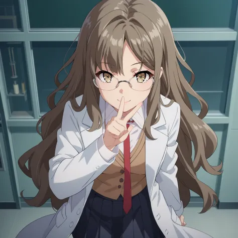 score_9, score_8_up, score_7_up, masterpiece, best quality, very aesthetic, solo, 1girl, source_anime,rio futaba, long hair, brown hair, brown eyes,glasses, skirt, shirt, school uniform, white shirt, pleated skirt, glasses, collared shirt, black skirt, ves...