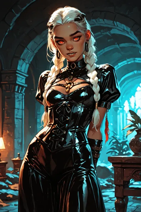 Drawn like the artist Bob Kehl. Phaedra from Fortnite with white and dark hair, deep red-coloured eyes, slanted big eyes, with sharp teeth, athletic body and abs. Slender and athletic. Cute, round and young face. White highlights in her hair. She wears Azt...