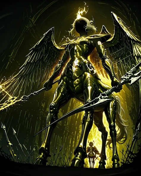 low angle, (masterpiece, best quality, 4k, anime illustration, dark fantasy, horror, cinematic lighting), {1woman}:(a determined anime girl with flowing blonde hair, centaur-inspired golden armor with large bone wings, holding a skeletal bow using it to at...