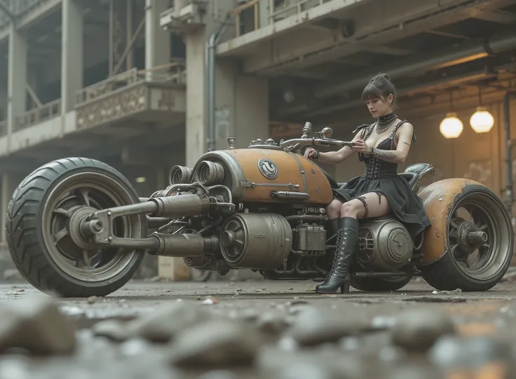 The image shows a desolate stage with a Renegade Princess, and taking the handlebars to adapt to the speed on a uniquely designed motorcycle that embodies a steampunk or post-apocalyptic aesthetic. The motorcycle is sturdy, has only 2 sturdy all-terrain wh...